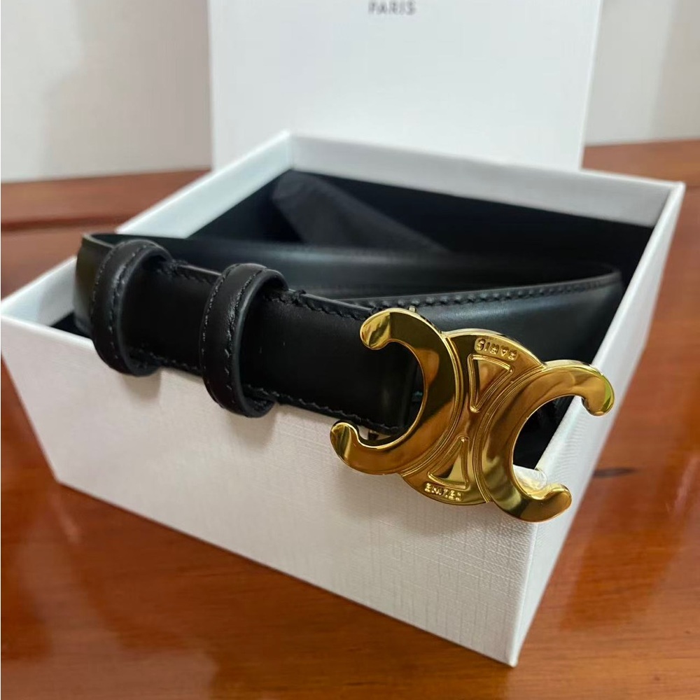 Celine Black Leather Triomphe Belt Gold Buckle Size 85 Luxury Icon